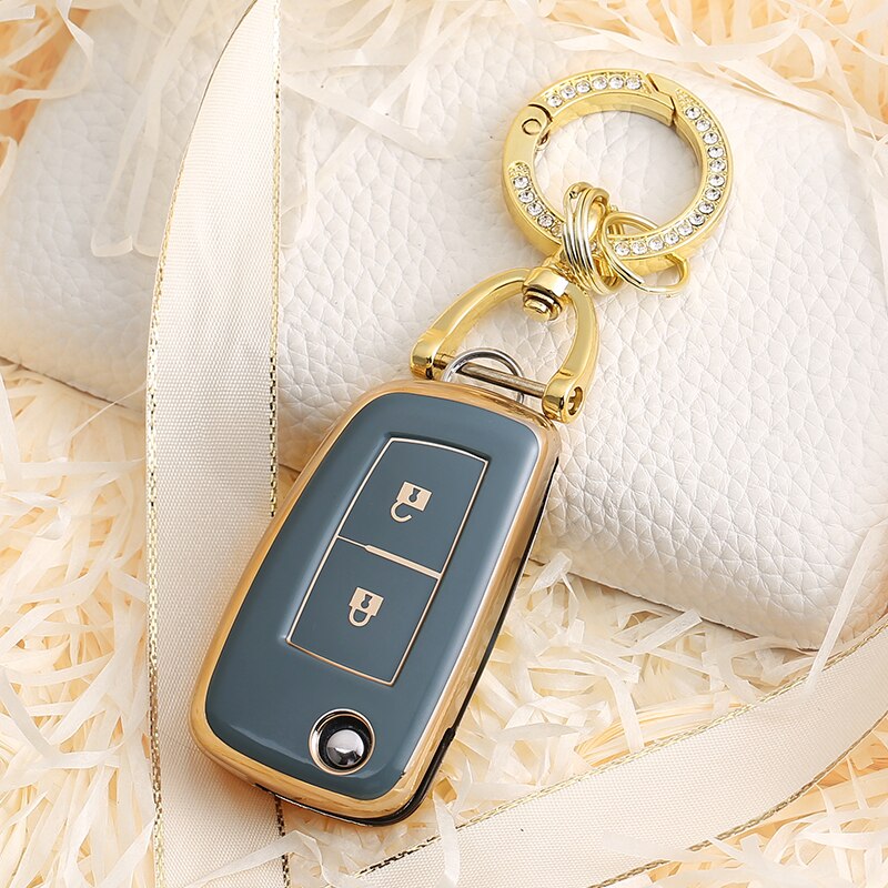 Carsine Nissan Car Key Case Golden Edge 2 Buttons / Grey / Key case + O chain