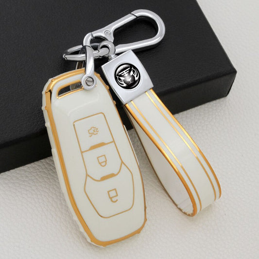 Carsine Ford Car Key Case Golden Edge White / Key case + strap