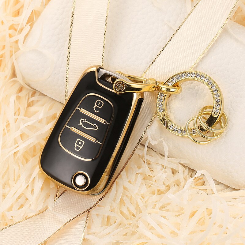 Carsine Kia Car Key Cover Silver Edge Gold / Black / Key case + O chain