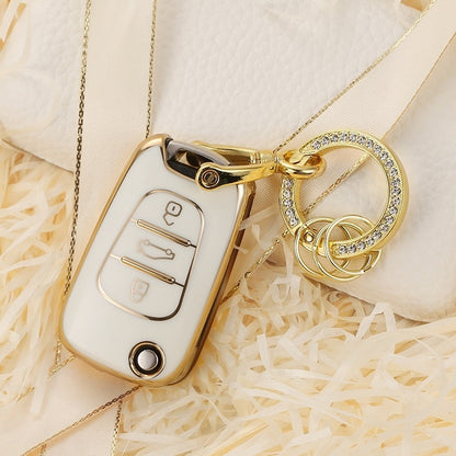 Carsine Kia Car Key Cover Silver Edge Gold / White / Key case + O chain