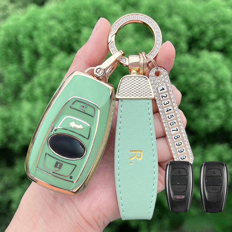 Carsine Subaru Car Key Case Golden Edge Green / Key case + strap