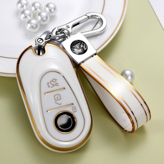 Carsine Mercedes Benz Car Key Case Golden Edge White / Key case + strap