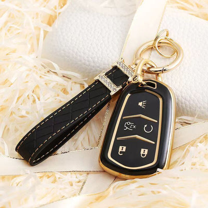 Carsine Cadillac Car Key Case Golden Edge 5 Buttons / Black / Key case + strap