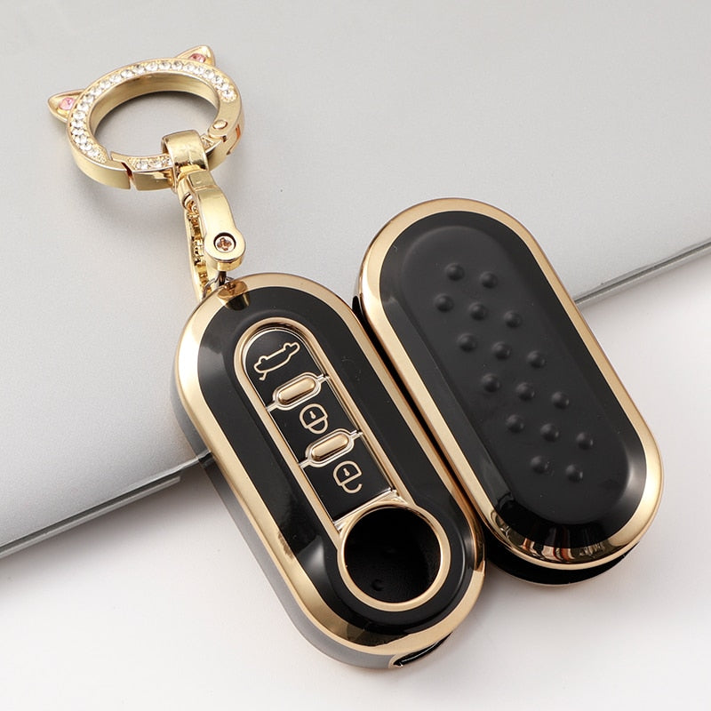 Carsine Fiat Car Key Case Golden Edge Black / Key case + O chain
