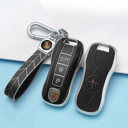 Carsine Porsche Car Key Case Silver Edge 3 Buttons / Black / Key case + strap