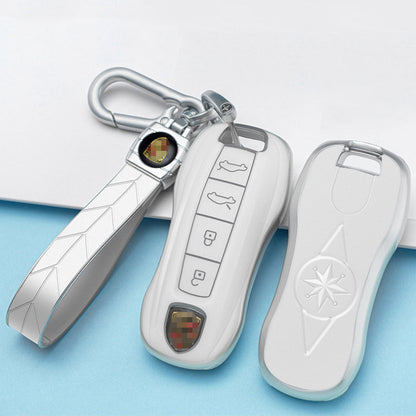 Carsine Porsche Car Key Case Silver Edge 4 Buttons / White / Key case + strap