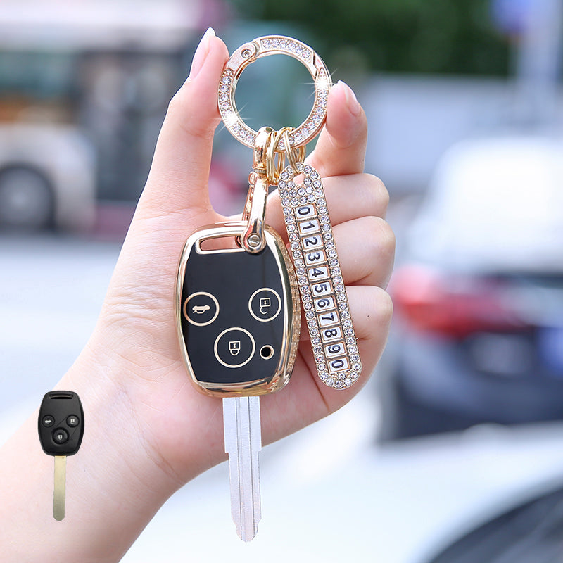Carsine Honda Car Key Case Golden Edge 3 Buttons / Black / Key case + O chain