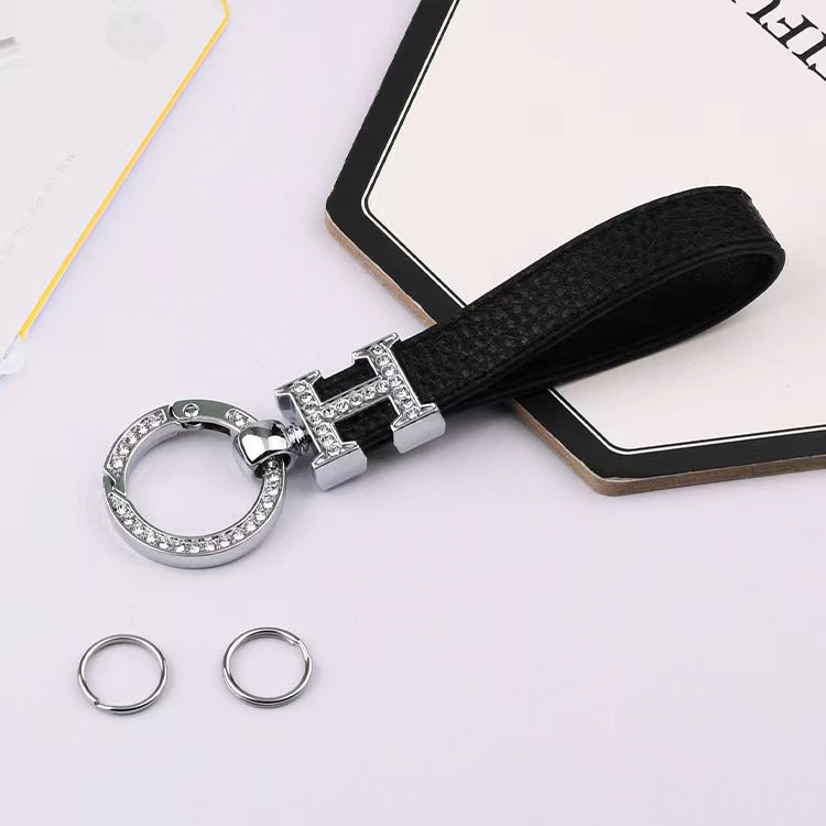 Carsine Leather Rhinestones Key Strap Silver Edge Black