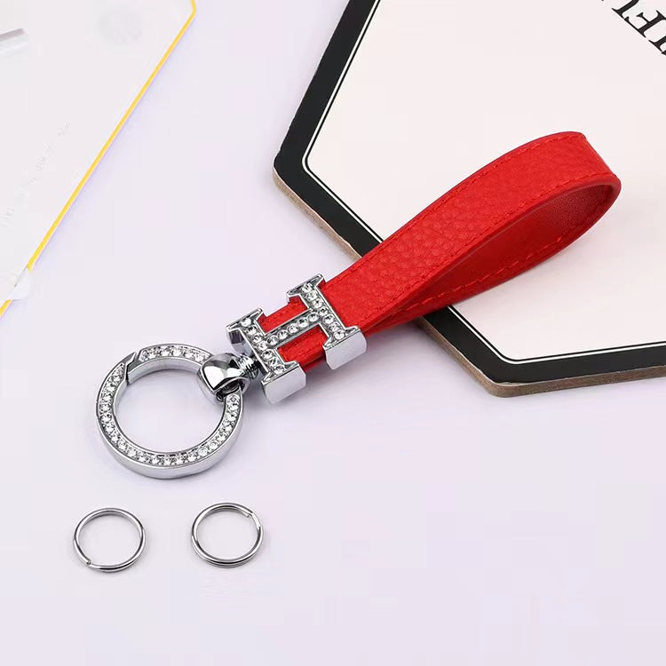 Carsine Leather Rhinestones Key Strap Silver Edge Red