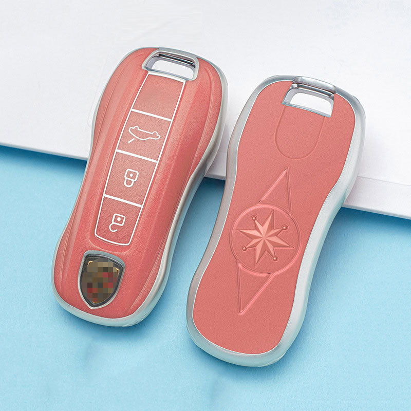 Carsine Porsche Car Key Case Silver Edge 3 Buttons / Pink / Key case