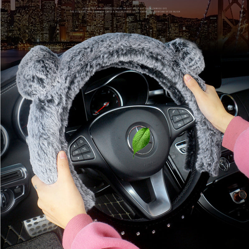 Carsine Rhinestone Plush Steering Wheel Cover Grey / 14.96 in / 38cm