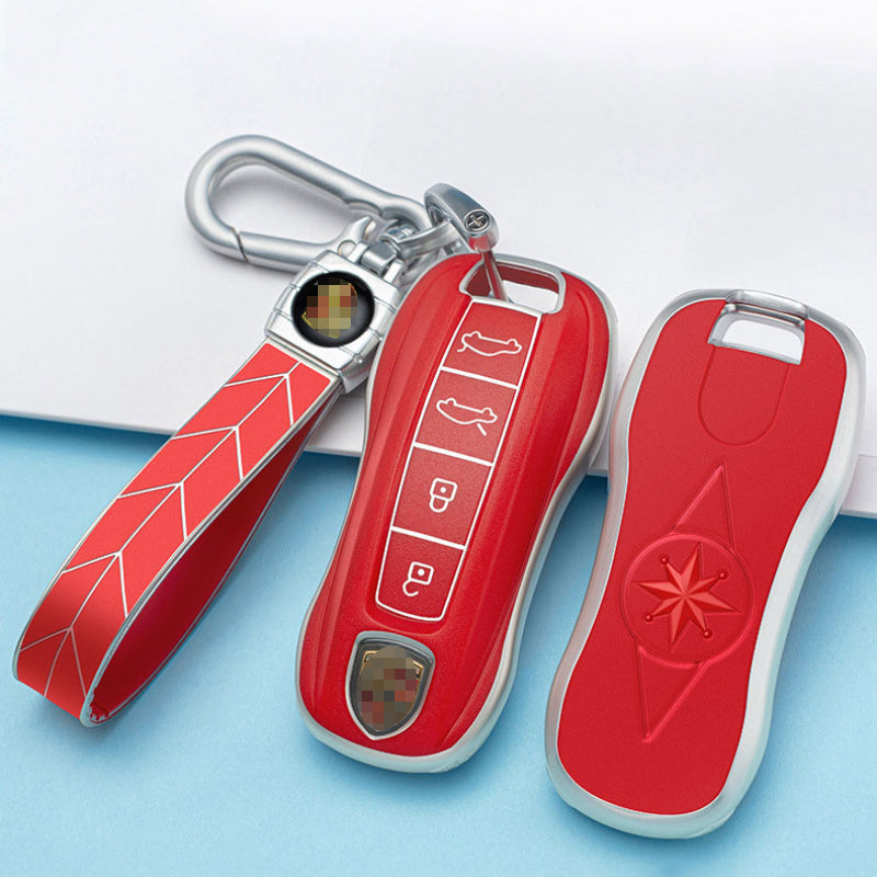 Carsine Porsche Car Key Case Silver Edge 4 Buttons / Red / Key case + strap