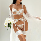 4-teiliges Set mit Strumpfband aus besticktem Netzstoff