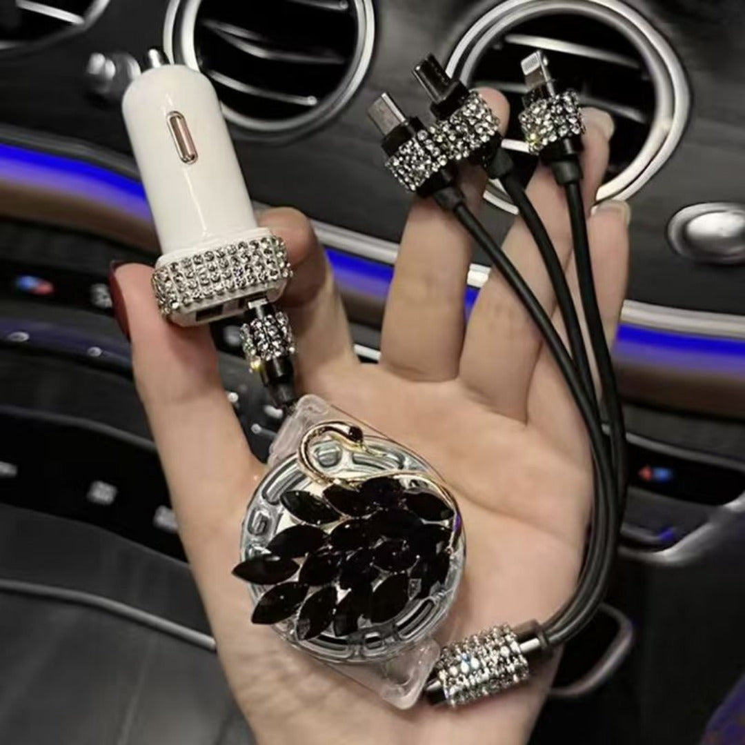 Swan Rhinestone Car Retractable Charging Data Cable