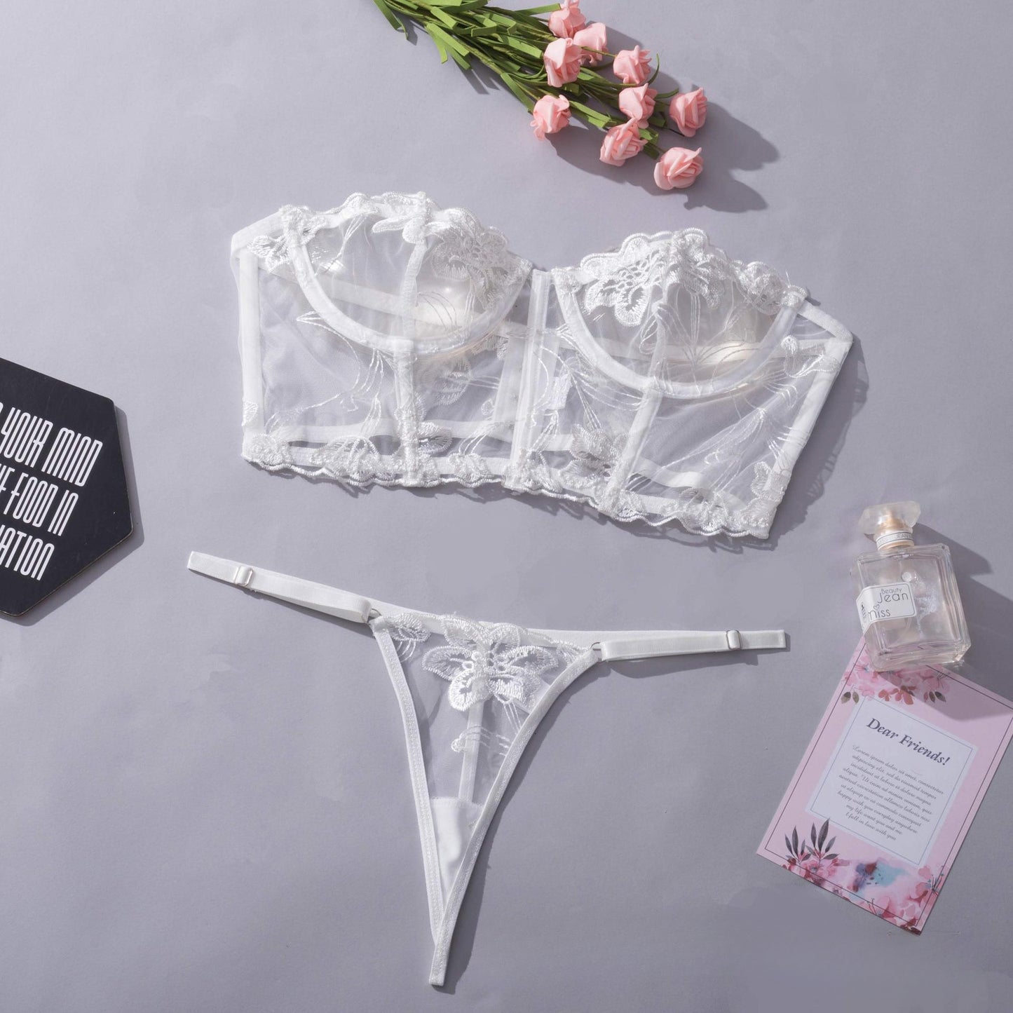 See-through embroidered tube top sexy lingerie 2 piece set G string Thong