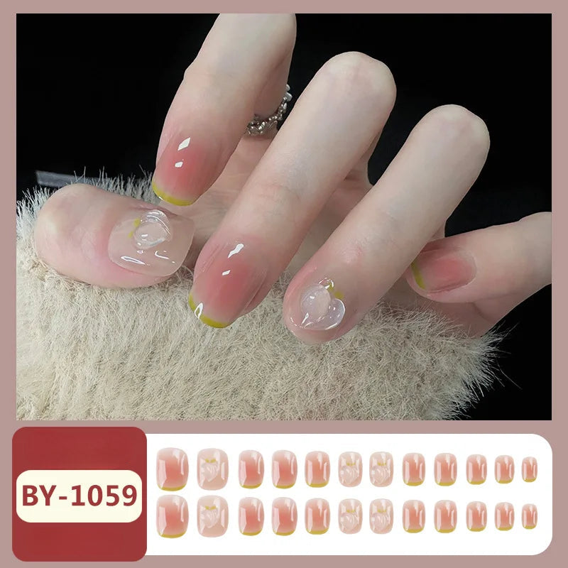 Carsine 24pcs Wearable Pink Press On Fake Nails Tips With Glue false nails design Butterfly Lovely Girl false nails With Wearing Tools H020 / 24pcs