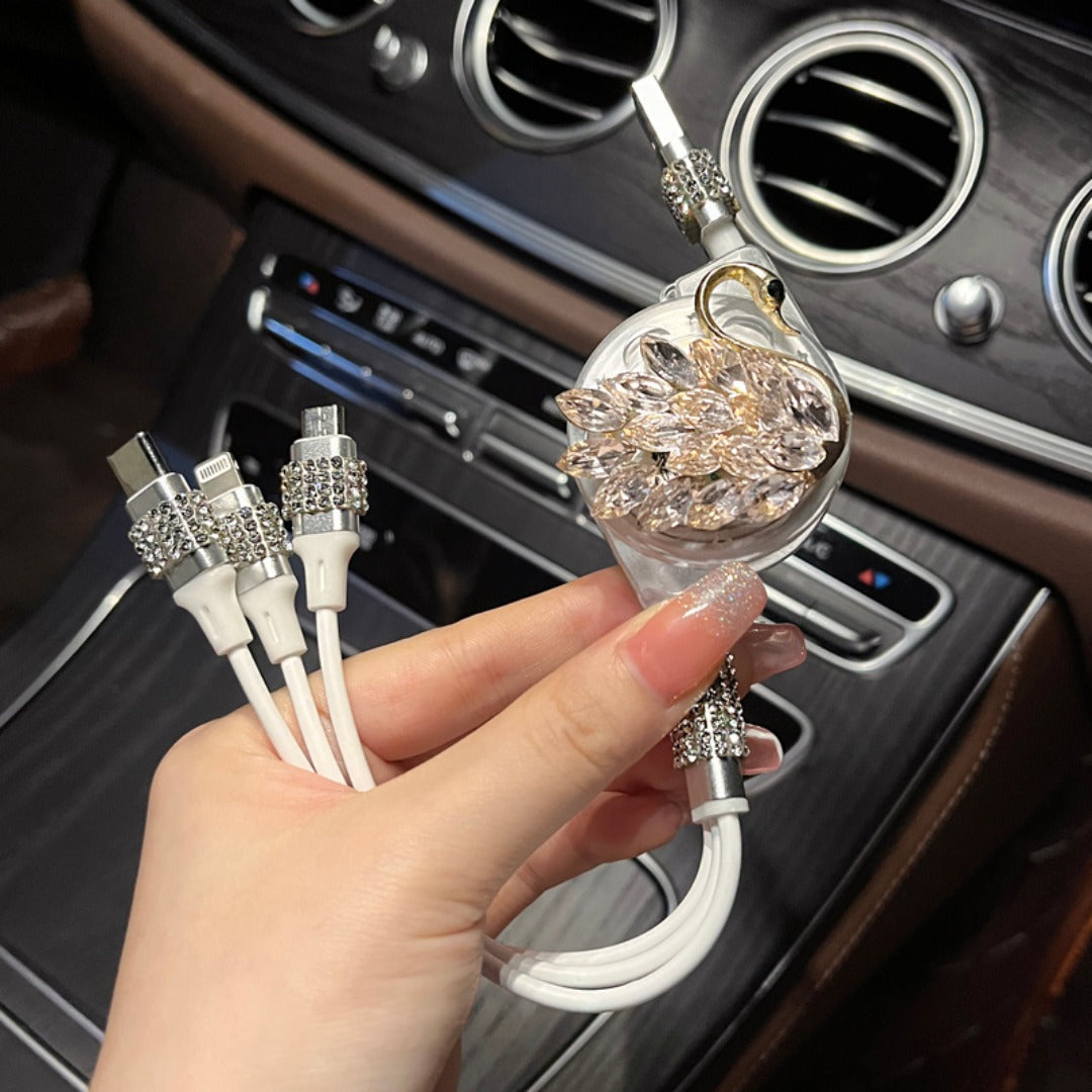 Swan Rhinestone Car Retractable Charging Data Cable