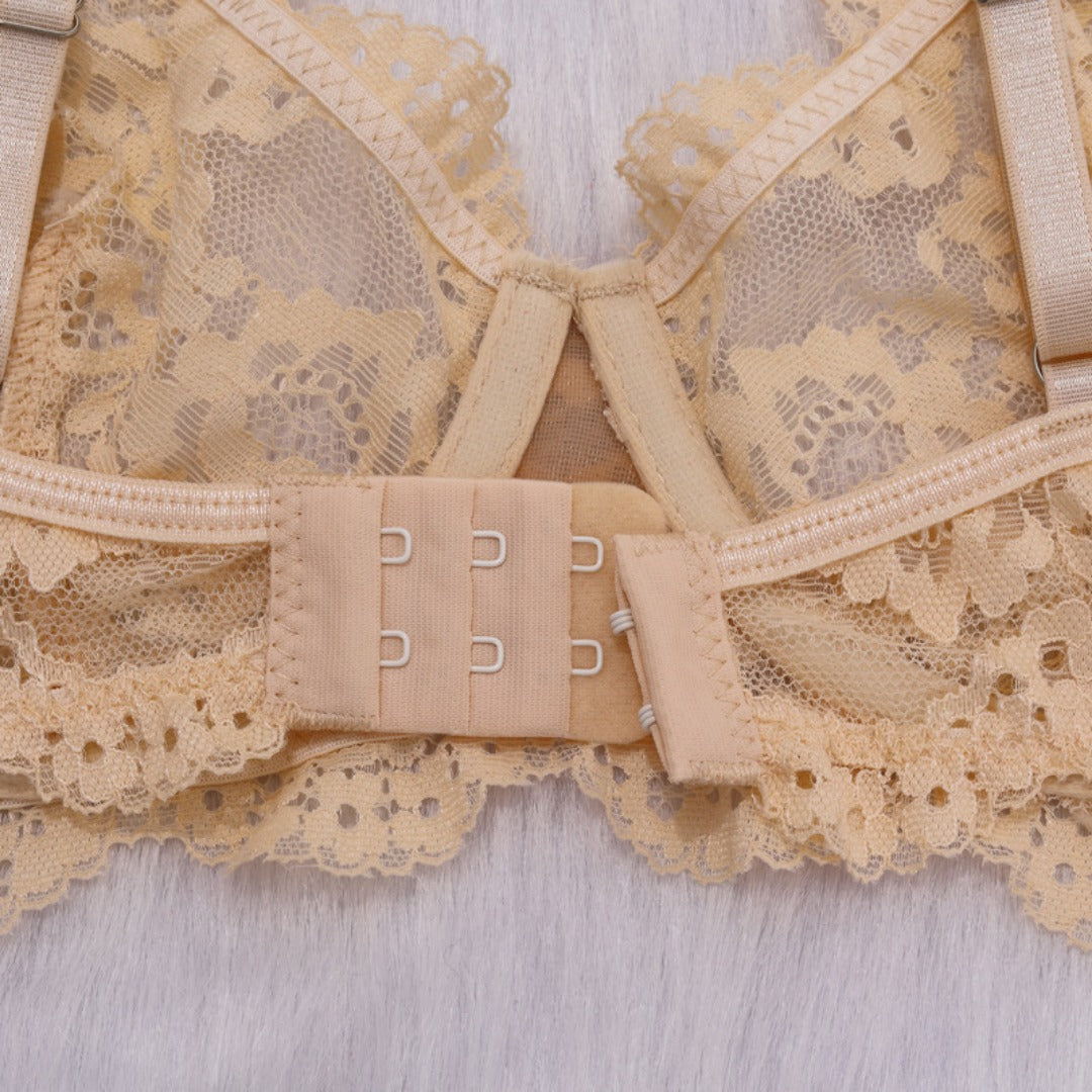 Gold Lace suspenders gathered sexy lingerie 2 Pcs set