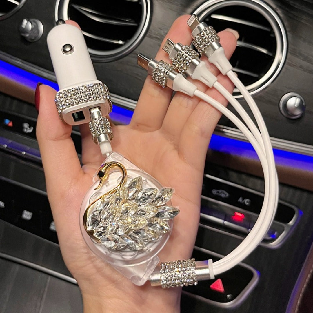 Swan Rhinestone Car Retractable Charging Data Cable