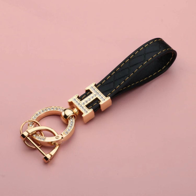 Carsine Leather Rhinestones Key Strap Golden Edge Black