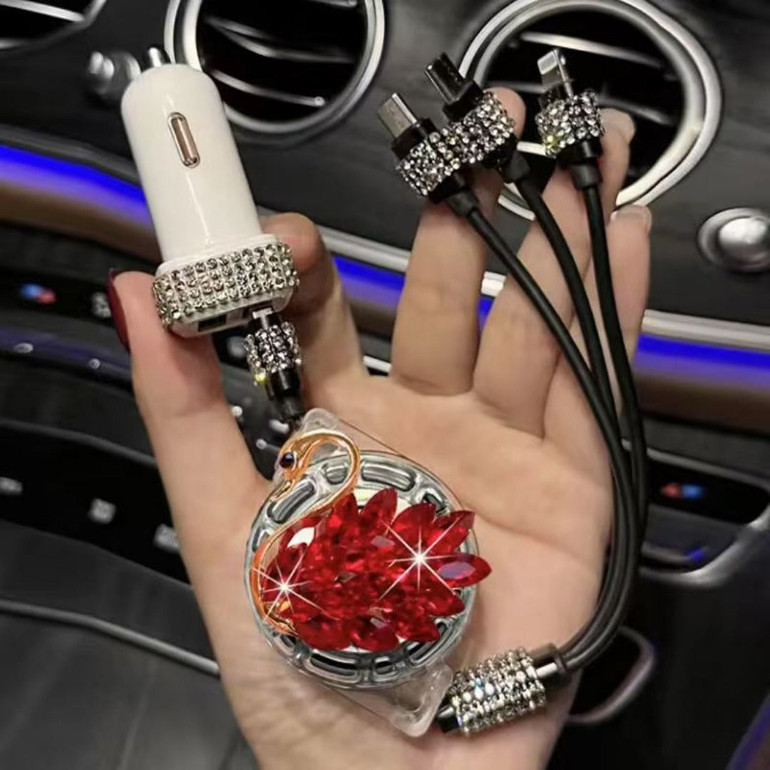 Swan Rhinestone Car Retractable Charging Data Cable