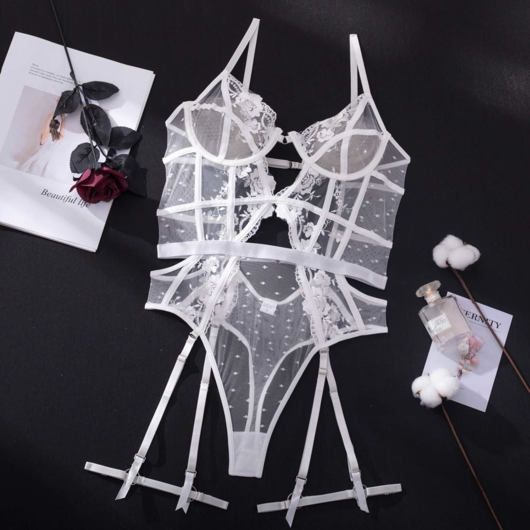 Sexy Dessous-Bodysuit mit besticktem Strumpfband