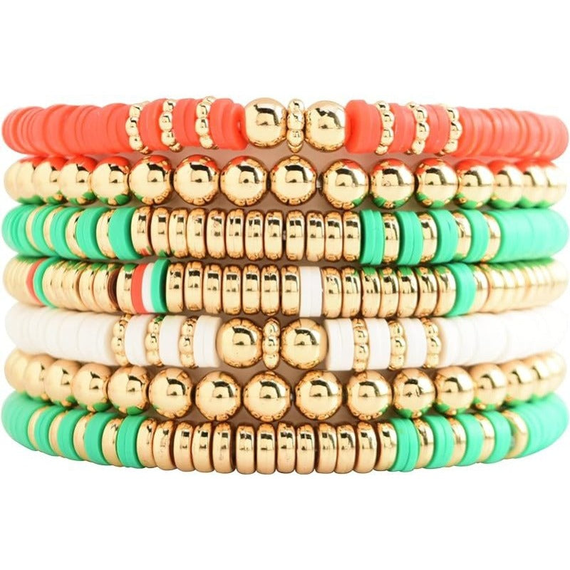 Carsine Surfer Heishi Clay Bead Bracelets for Women Bohemian Stackable Gold Beaded Stretch Bracelets Elastic Layering Friendship Bracelets Gifts Red, Green + White