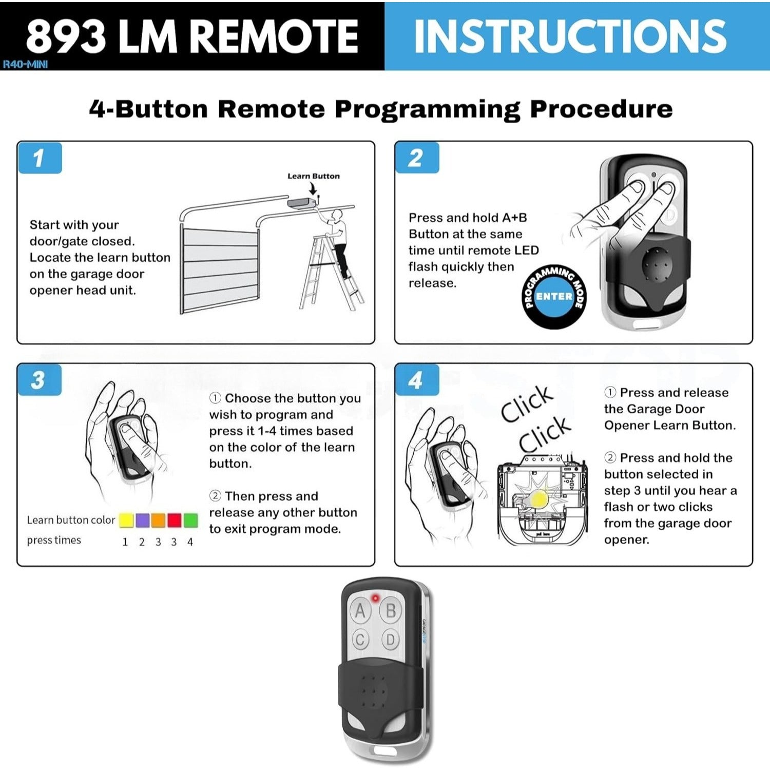Carsine 891LM 893LM 893Max Chamberlain Craftsman Liftmaster Garage Door Opener Remote Replacement, 1993 to Present Garage Clicker, Universal Garage Door Opener Remote 1 button
