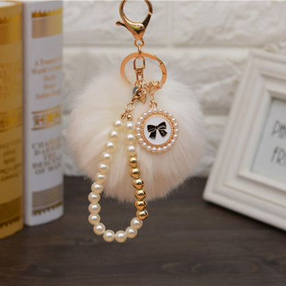 Carsine Fluff Ball Bow Pearl Chain Keychain White