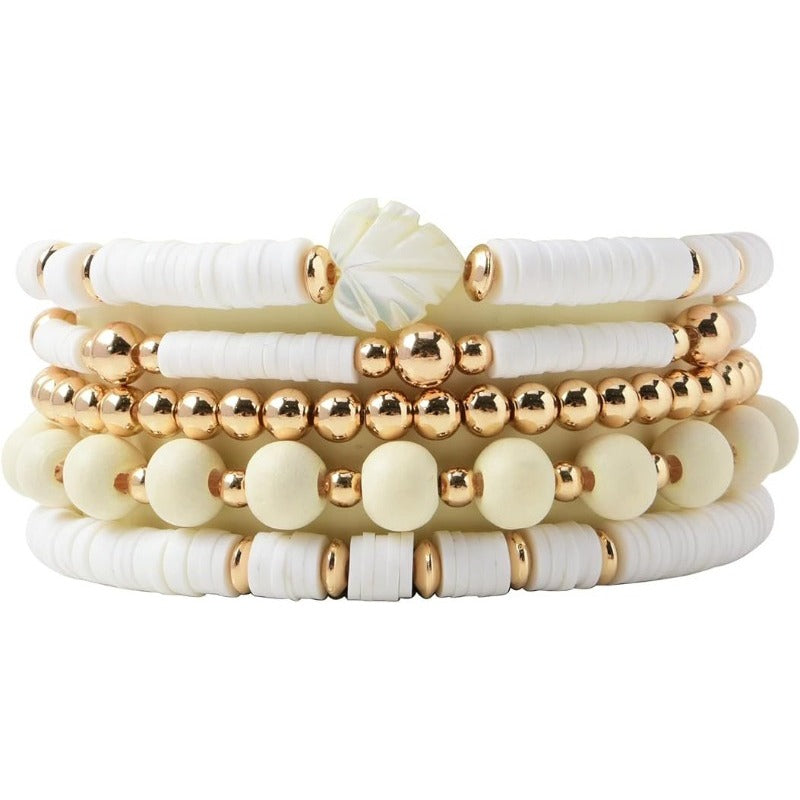 Carsine Surfer Heishi Clay Bead Bracelets for Women Bohemian Stackable Gold Beaded Stretch Bracelets Elastic Layering Friendship Bracelets Gifts White