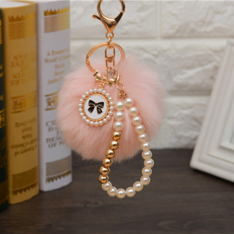 Carsine Fluff Ball Bow Pearl Chain Keychain