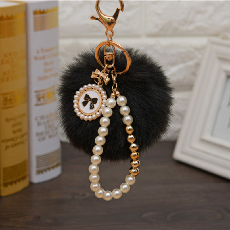 Carsine Fluff Ball Bow Pearl Chain Keychain Black