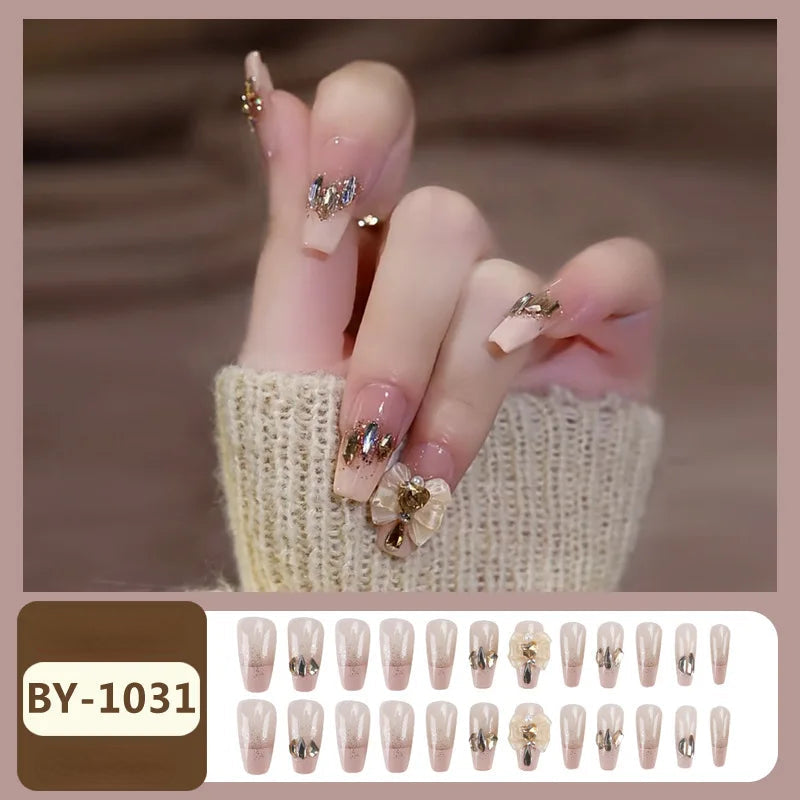 Carsine 24pcs Wearable Pink Press On Fake Nails Tips With Glue false nails design Butterfly Lovely Girl false nails With Wearing Tools H005 / 24pcs