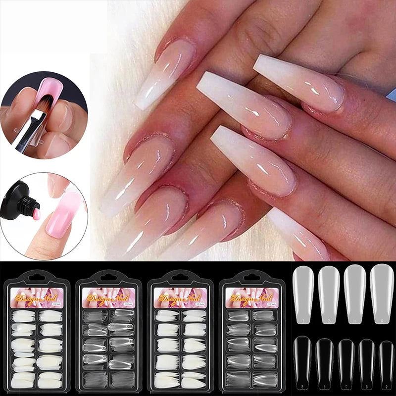 Carsine 100pcs/box Clear Transparent Seamless Fake Nails Full Coverage False Nails Tips Short T-shaped Full Sticker For Nails Manicures