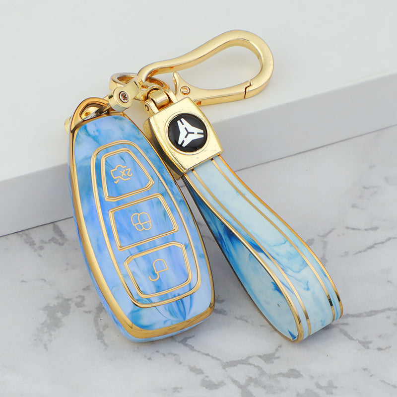 Carsine Ford Car Key Case Gold Inlaid With Jade Blue / Key case + strap