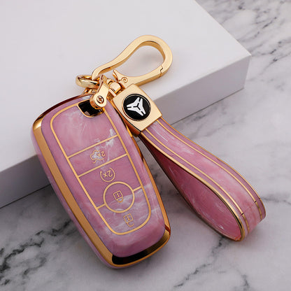 Carsine Ford Car Key Case Gold Inlaid With Jade Pink / Key case + strap