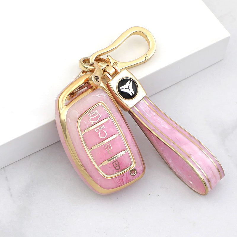 Carsine Hyundai Car Key Case Gold Inlaid With Jade Pink / Key case + strap