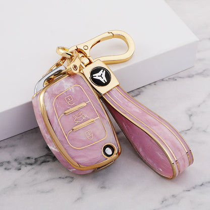 Carsine Hyundai Car Key Case Gold Inlaid With Jade Pink / Key case + strap