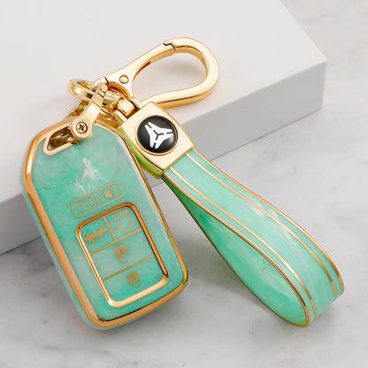 Carsine Honda Car Key Case Gold Inlaid With Jade Green / Key case + strap