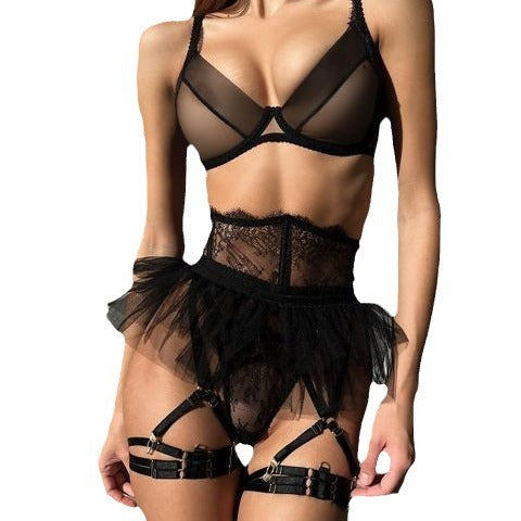 See-through sexy lingerie 4-piece set with tutu skirt