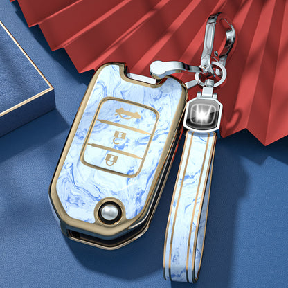 Carsine Honda Car Key Case Gold Inlaid With Jade Blue / Key case + strap