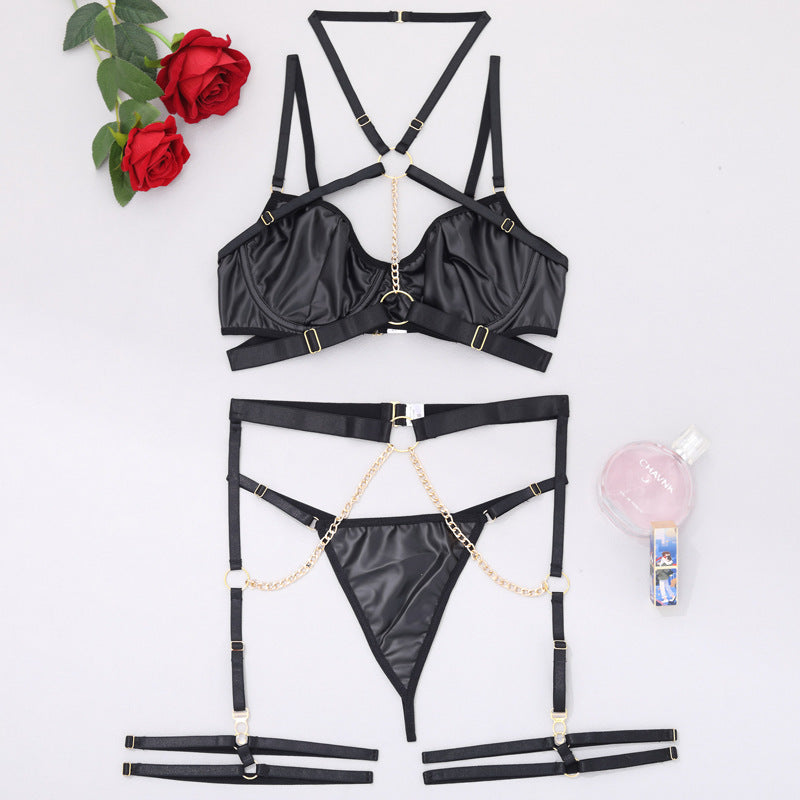 Sexy Dessous-Set mit Strumpfbandkette aus Leder, 4-teilig