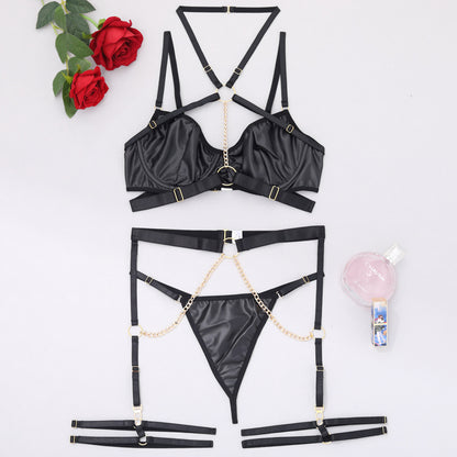 Sexy Dessous-Set mit Strumpfbandkette aus Leder, 4-teilig