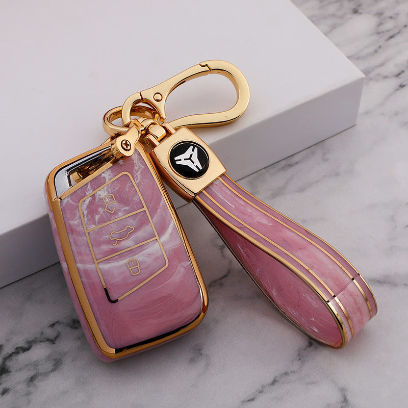 Carsine Volkswagen Car Key Case Gold Inlaid With Jade Pink / Key case + strap