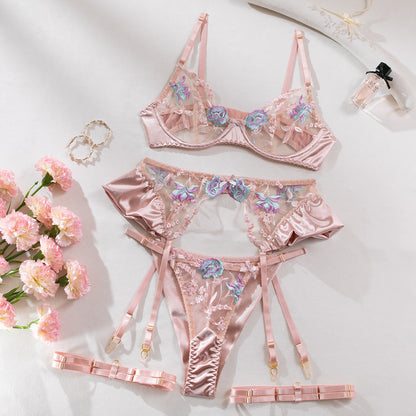 Embroidered sexy lingerie four-piece set