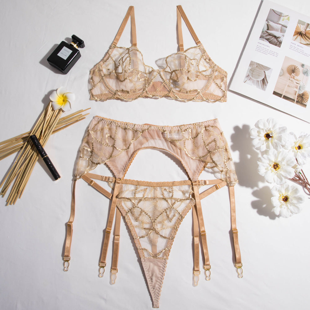 3-teiliges, durchsichtiges, sexy Dessous-Set mit Raffung in Gold