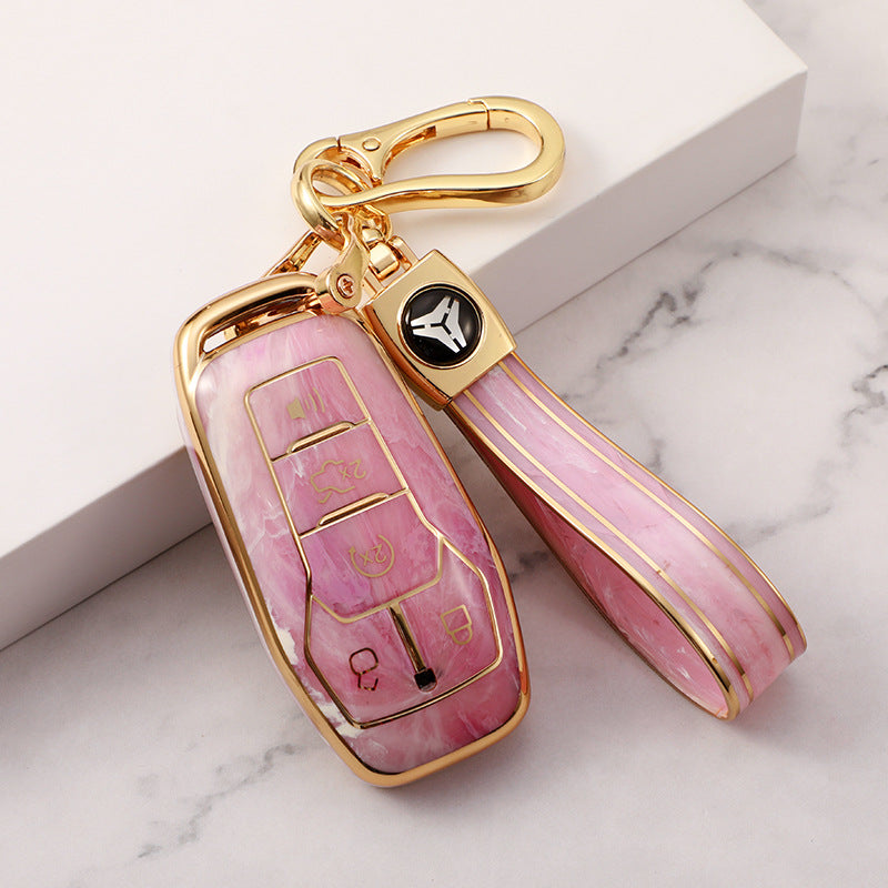 Carsine Ford Car Key Case Gold Inlaid With Jade Pink / Key case + strap