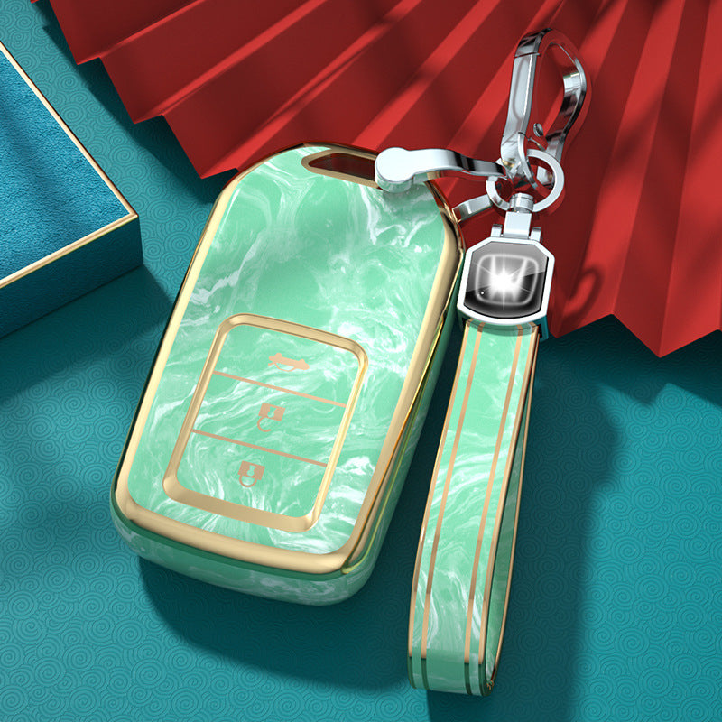 Carsine Honda Car Key Case Gold Inlaid With Jade Green / Key case + strap