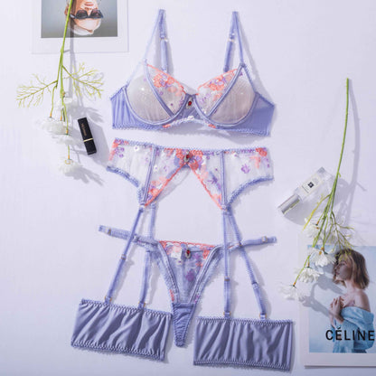 Embroidered mesh patchwork underwear 4-piece set