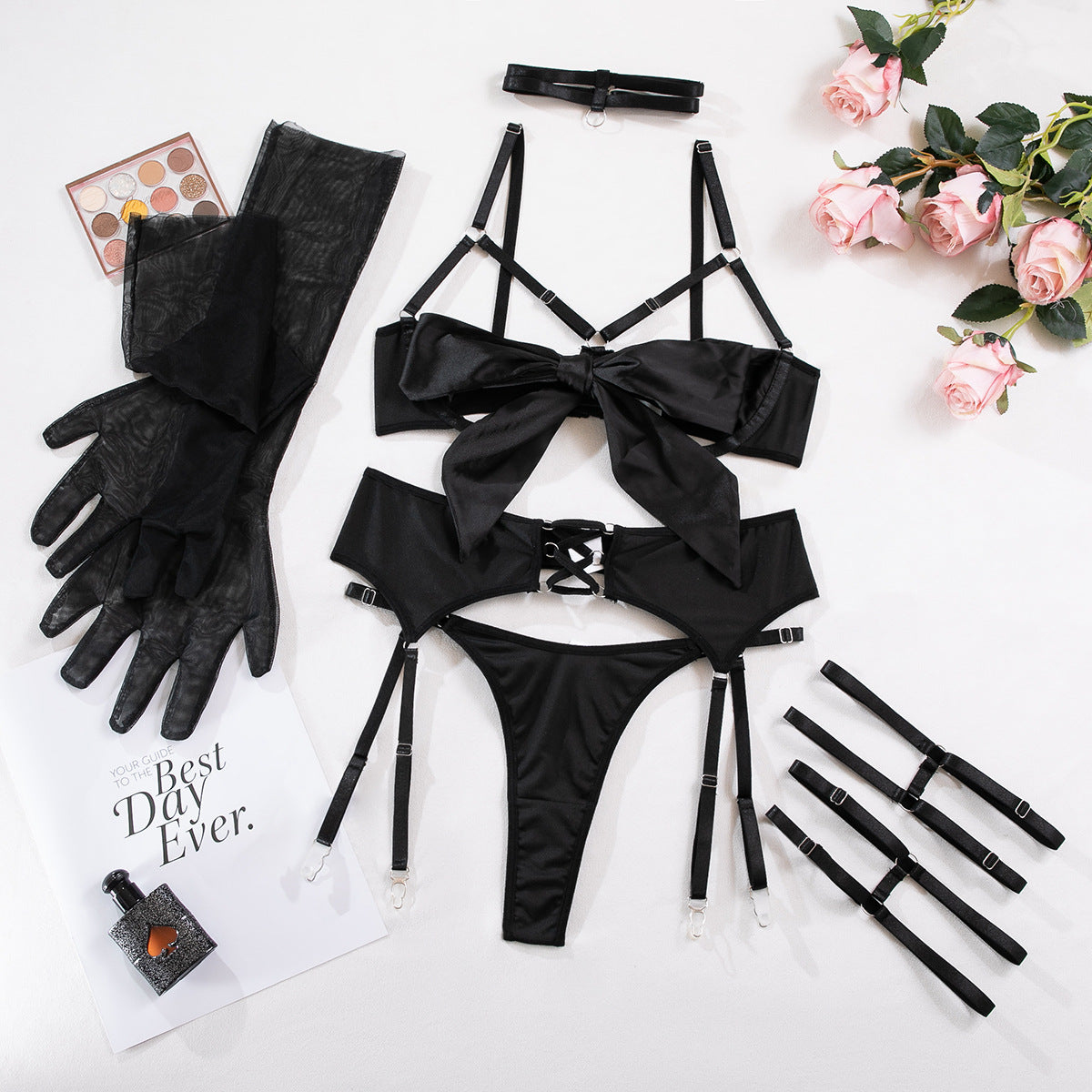 Sechsteiliges Set Bondage Hohlgürtel Lange Handschuhe Brustgurt Sexy Dessous